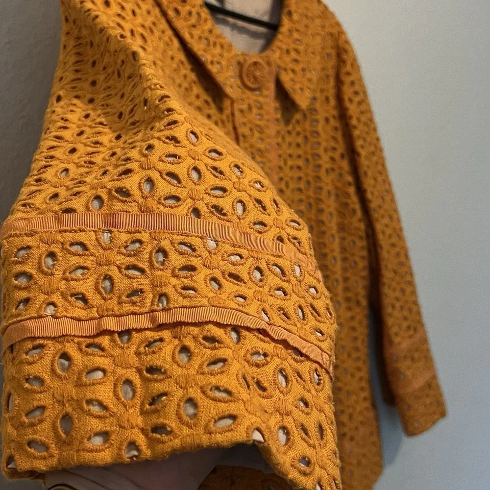 Chico's Orange Blossom‎ 3 Eyelet Linen Blend Jacket Coat Collared Floral Bright